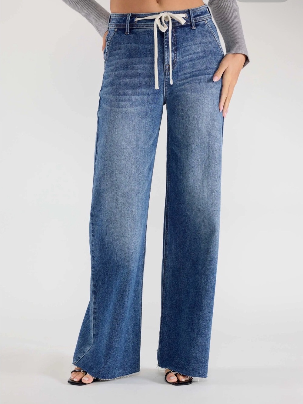 Enjean Wide-Leg Blue Denim Jeans with Drawstring Waist